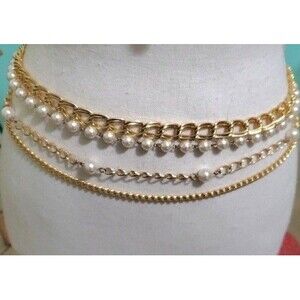 Vintage Y2K Goldtone & Pearls Chain Link 4 Strand  Adjustable Belt